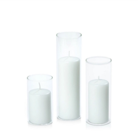 White 5cm Pillar in 5.8cm Glass. Pack of 3 Med Set